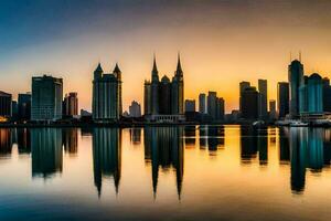 de stad horizon Bij zonsondergang in dubai. ai-gegenereerd foto