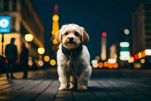 een hond staand Aan een straat Bij nacht. ai-gegenereerd foto