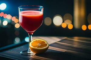 een glas van rood sap met een plak van citroen Aan een tafel. ai-gegenereerd foto