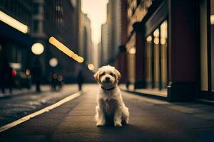 een klein hond zittend Aan de straat in een stad. ai-gegenereerd foto