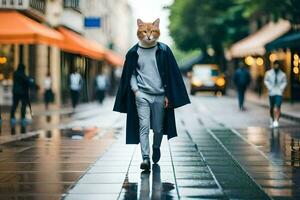 een Mens vervelend een kat masker wandelen naar beneden een straat. ai-gegenereerd foto