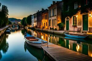 een kanaal in de avond met boten. ai-gegenereerd foto