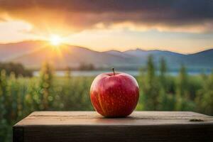 een appel zit Aan een houten tafel in voorkant van een zonsondergang. ai-gegenereerd foto