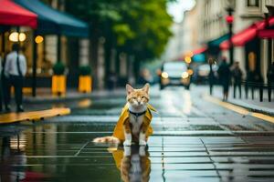 een kat in een geel regenjas staand Aan een nat straat. ai-gegenereerd foto