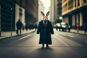 een konijn gekleed in een pak en stropdas staand in de midden- van een stad straat. ai-gegenereerd foto