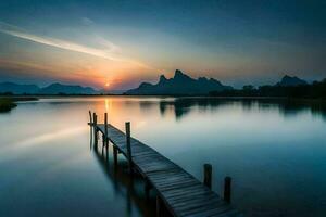 een houten pier in de midden- van een meer Bij zonsondergang. ai-gegenereerd foto