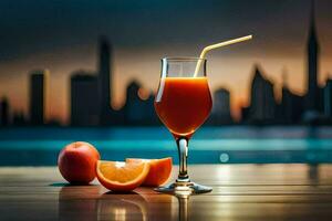 een glas van oranje sap met een rietje en een plak van perzik. ai-gegenereerd foto