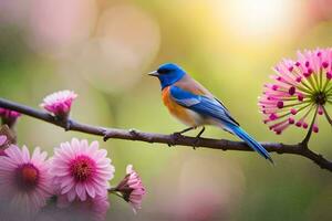 een blauw vogel zit Aan een Afdeling met roze bloemen. ai-gegenereerd foto