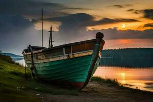 een boot zit Aan de kust Bij zonsondergang. ai-gegenereerd foto