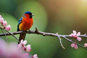 een kleurrijk vogel zit Aan een Afdeling met roze bloemen. ai-gegenereerd foto