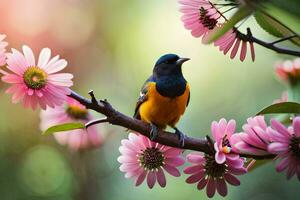 een vogel zit Aan een Afdeling met roze bloemen. ai-gegenereerd foto