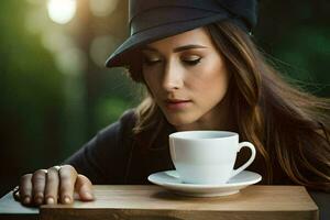 een vrouw in een hoed is Holding een kop van koffie. ai-gegenereerd foto