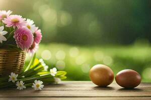 foto behang bloemen, de zon, de gras, de bloemen, de eieren, de mand,. ai-gegenereerd