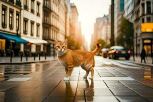 een oranje kat is wandelen Aan een stad straat. ai-gegenereerd foto