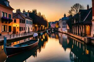 een boot is aangemeerd in een kanaal Bij zonsondergang. ai-gegenereerd foto