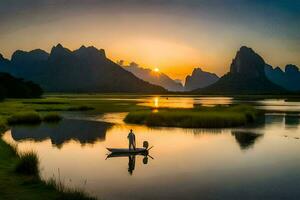 een Mens in een boot Aan een rivier- Bij zonsondergang. ai-gegenereerd foto