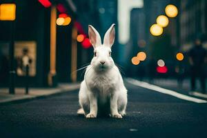 een wit konijn is zittend Aan de straat Bij nacht. ai-gegenereerd foto