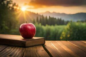 appel Aan een boek, zonsondergang, natuur, appel, hd behang. ai-gegenereerd foto