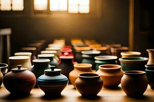veel verschillend gekleurde potten zijn bekleed omhoog Aan een tafel. ai-gegenereerd foto