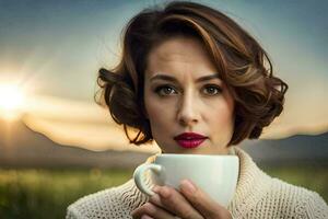 een vrouw Holding een kop van koffie in voorkant van een veld. ai-gegenereerd foto