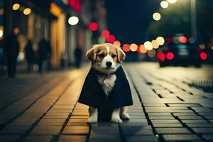 een hond vervelend een jas Aan de straat Bij nacht. ai-gegenereerd foto