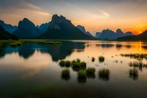 de zon sets over- bergen en water in China. ai-gegenereerd foto