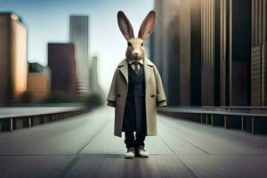 een konijn vervelend een loopgraaf jas en stropdas staand in voorkant van een stad. ai-gegenereerd foto