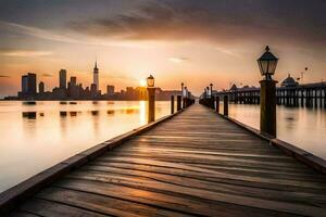 een houten pier Leidt naar de stad horizon Bij zonsondergang. ai-gegenereerd foto