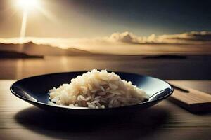 een kom van rijst- Aan een tafel met de zon in de achtergrond. ai-gegenereerd foto
