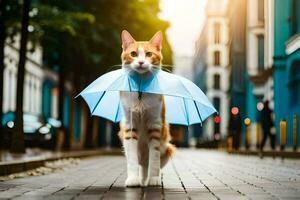 een kat is wandelen Aan een straat met een paraplu. ai-gegenereerd foto
