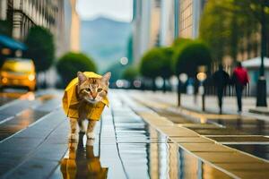 een kat in een geel regenjas wandelen Aan een stad straat. ai-gegenereerd foto