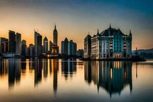 de stad horizon is weerspiegeld in de water Bij zonsondergang. ai-gegenereerd foto