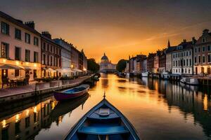 een boot is aangemeerd in een kanaal Bij zonsondergang. ai-gegenereerd foto