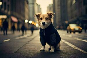 een hond vervelend een jasje Aan de straat. ai-gegenereerd foto