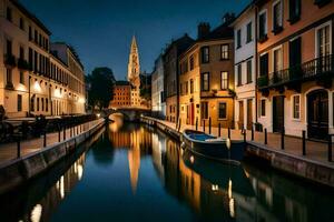 een kanaal in de stad Bij nacht met een boot. ai-gegenereerd foto