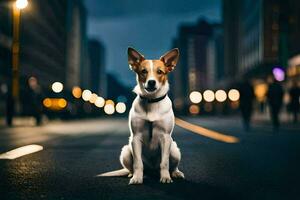 een hond zittend Aan de straat Bij nacht. ai-gegenereerd foto