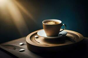 een kop van koffie Aan een houten tafel. ai-gegenereerd foto