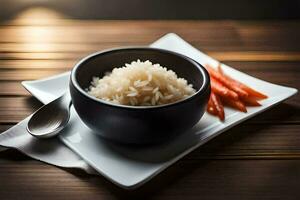een kom van rijst- en wortels Aan een bord. ai-gegenereerd foto