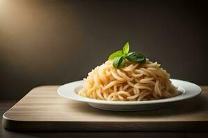 een bord van spaghetti Aan een houten tafel. ai-gegenereerd foto