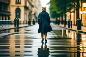 een vrouw in een jas staand Aan een nat straat. ai-gegenereerd foto