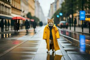 een kat in een regenjas staand Aan een nat straat. ai-gegenereerd foto