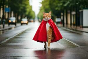 een kat vervelend een rood kaap wandelingen naar beneden een straat. ai-gegenereerd foto