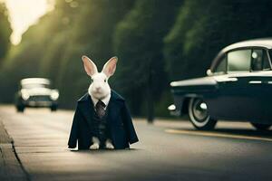 een konijn in een pak en stropdas staand Aan de straat. ai-gegenereerd foto