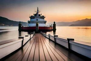 een sleepboot boot aangemeerd Bij de einde van een dok. ai-gegenereerd foto