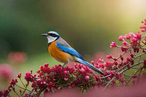 een blauw en oranje vogel zittend Aan een Afdeling van roze bloemen. ai-gegenereerd foto