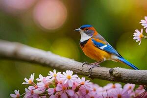 een kleurrijk vogel zit Aan een Afdeling met roze bloemen. ai-gegenereerd foto