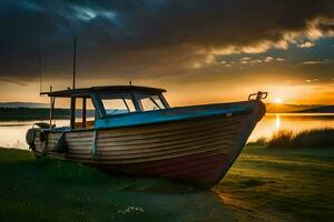 een boot zit Aan de kust Bij zonsondergang. ai-gegenereerd foto