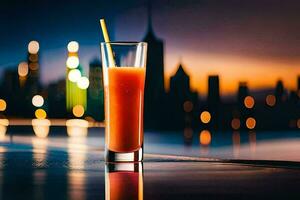 een glas van oranje sap met een stad horizon in de achtergrond. ai-gegenereerd foto