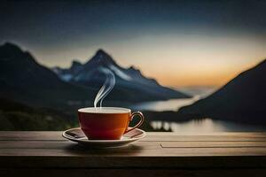 een kop van koffie Aan een houten tafel met bergen in de achtergrond. ai-gegenereerd foto