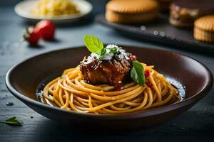 spaghetti met vlees en saus in een schaal. ai-gegenereerd foto